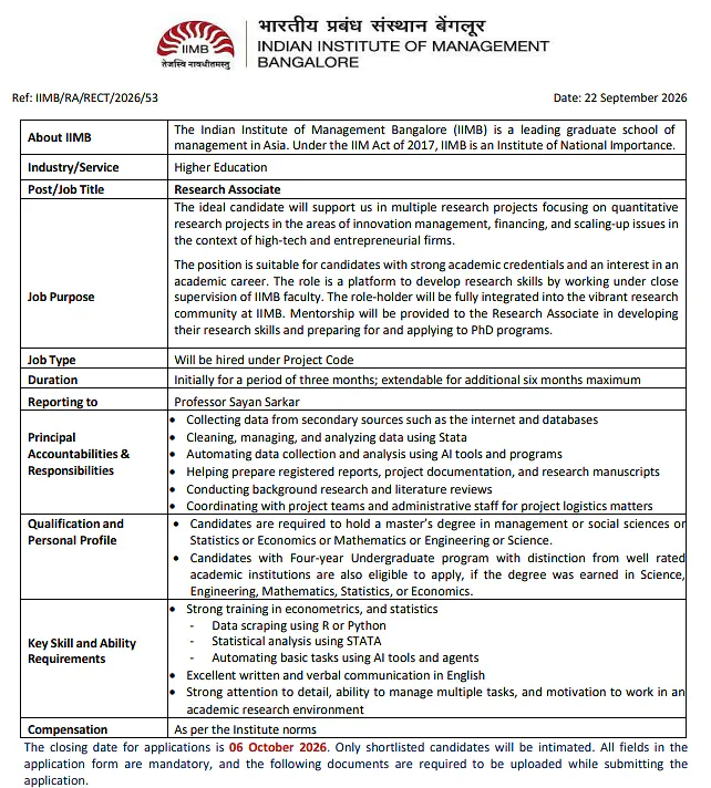 Research Associate Recruitment 2026 at IIM Bangalore – Quantitative Research in Innovation & Entrepreneurship