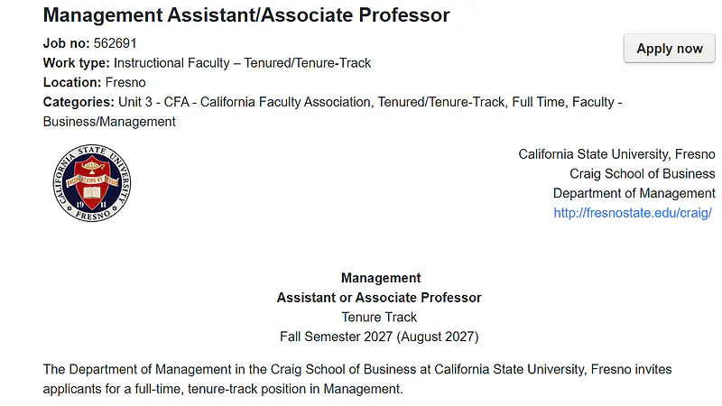 Assistant or Associate Professor of Management – California State University, Fresno