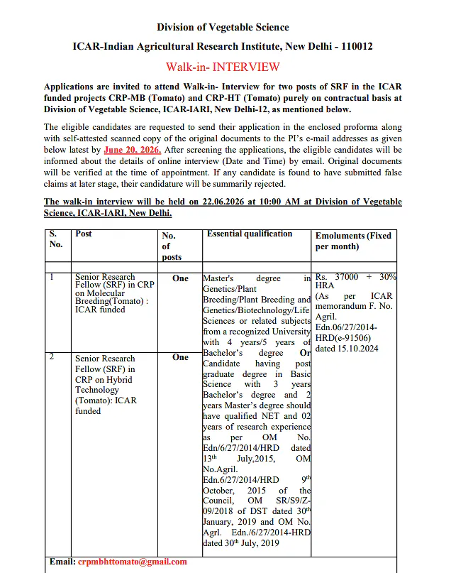 Senior Research Fellow (SRF) Recruitment 2026 at ICAR-IARI, New Delhi