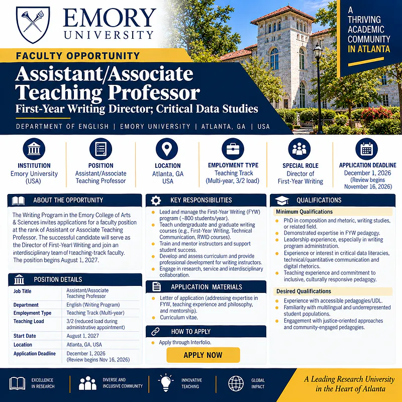  Assistant/Associate Teaching Professor – First-Year Writing Director; Critical Data Studies – Emory University