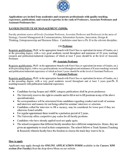 Faculty Recruitment 2026 – Xavier Institute of Management (XIMB)