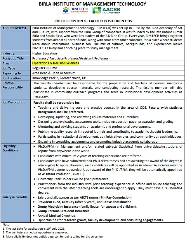 BIMTECH Recruitment 2026 | Faculty Positions in Operations & Decision Sciences (ODS)