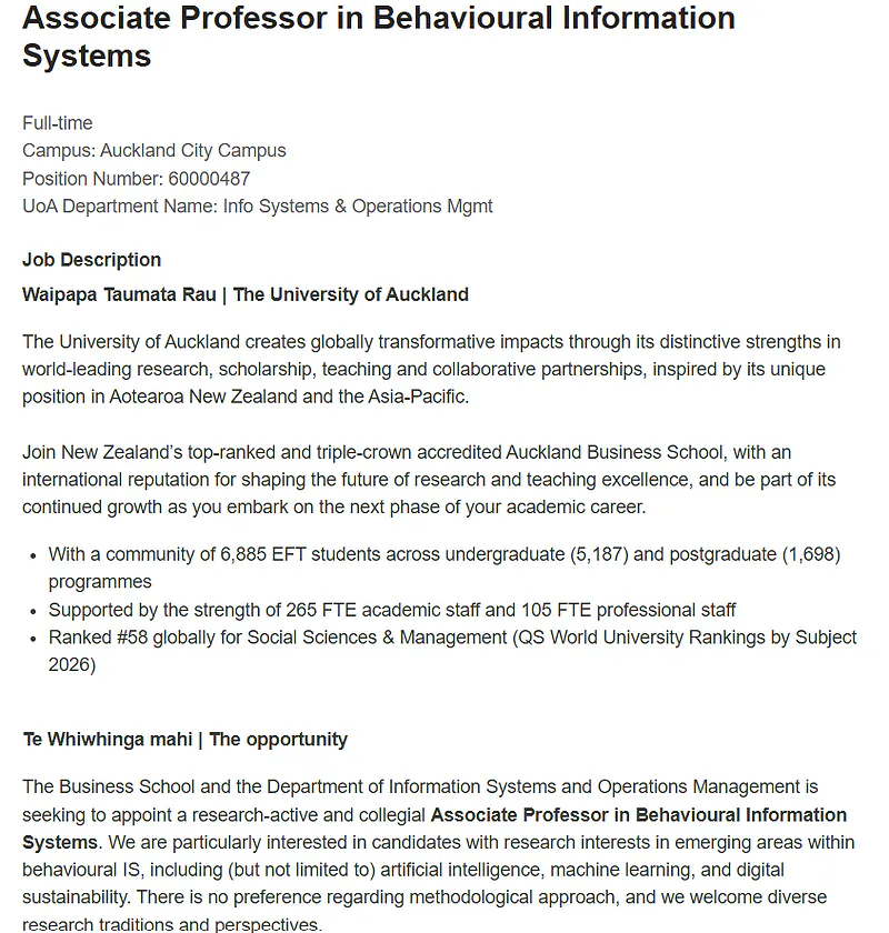 University of Auckland Recruitment 2026: Associate Professor in Behavioural Information Systems 