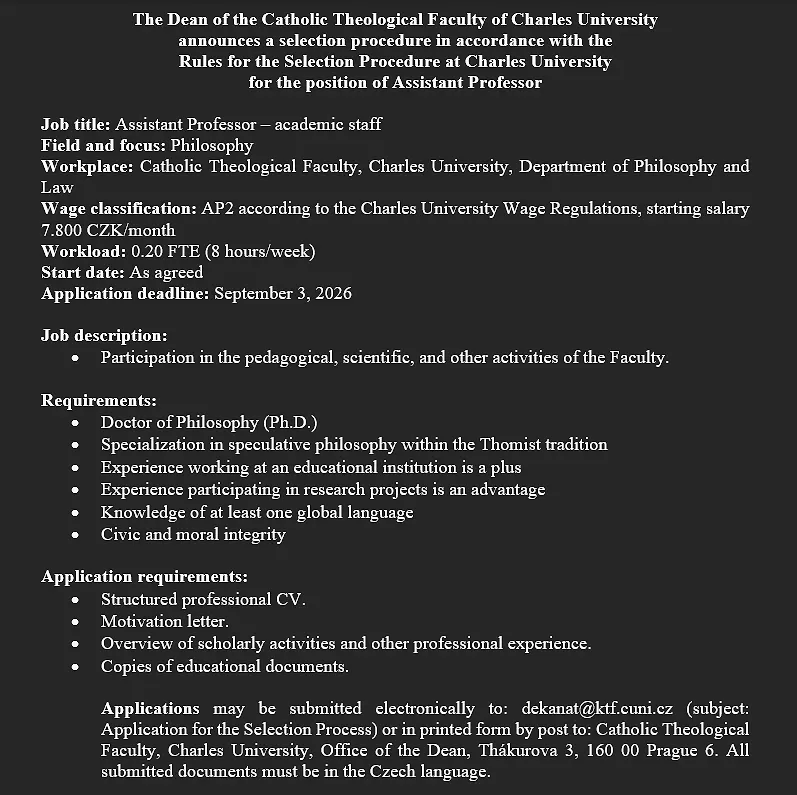 Charles University Recruitment 2026: Assistant Professor in Philosophy