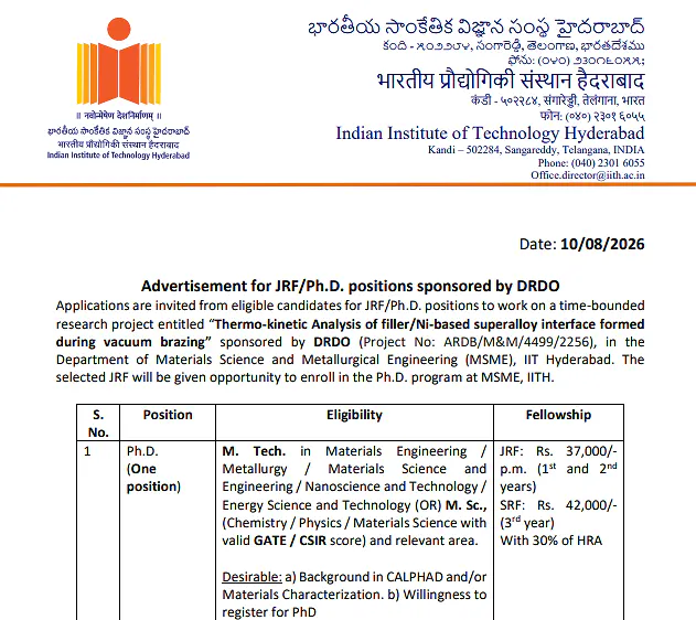 IIT Hyderabad JRF / PhD Recruitment 2026 Under DRDO-Sponsored Project