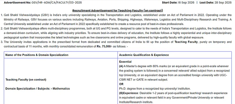 Teaching Faculty Recruitment 2026 at Gati Shakti Vishwavidyalaya – Mathematics