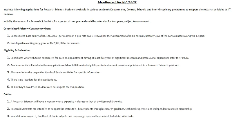 Research Scientist Recruitment 2026–27 – IIT Bombay