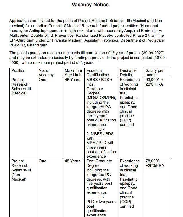 Project Research Scientist-III Recruitment 2026 – PGIMER Chandigarh