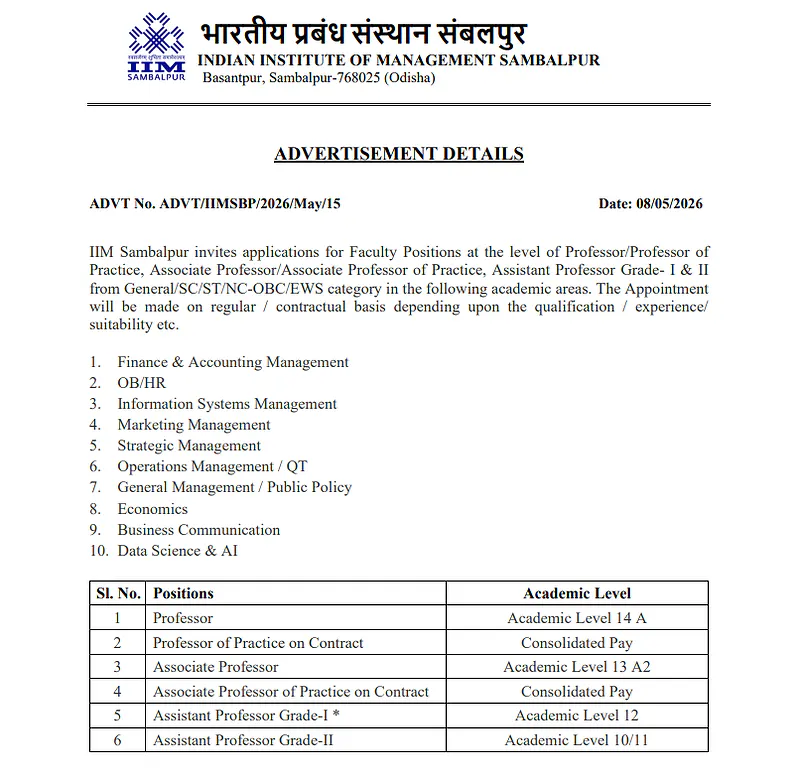IIM Sambalpur Faculty Recruitment 2026 - Professor, Associate Professor & Assistant Professor Vacancies