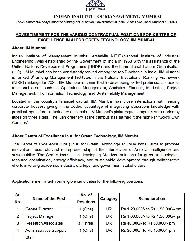 IIM Mumbai Recruitment 2026: Contractual Positions at Centre of Excellence in AI for Green Technology