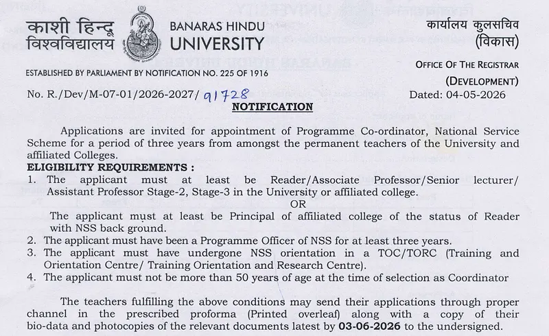  BHU Recruitment 2026 - Applications Invited for Programme Coordinator (NSS) Position