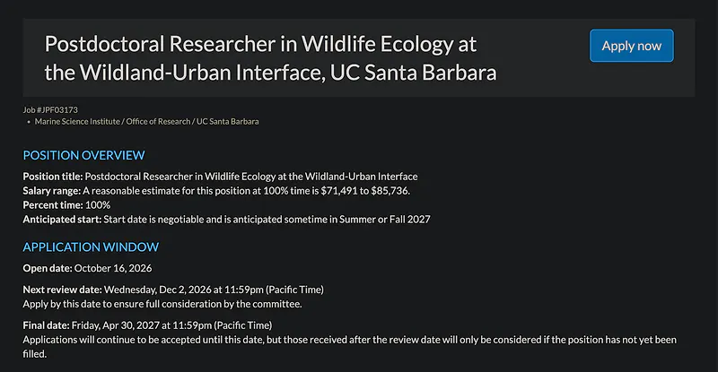 Postdoctoral Research Opportunity: Wildlife Ecology at the Wildland-Urban Interface – UC Santa Barbara
