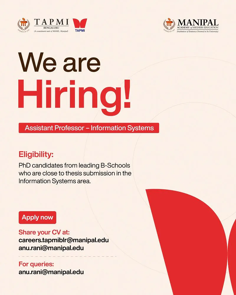 Faculty Recruitment: Assistant Professor – Information Systems | TAPMI Bengaluru
