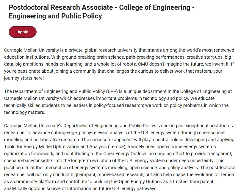 Carnegie Mellon University Recruitment 2026: Postdoctoral Research Associate – Engineering and Public Policy