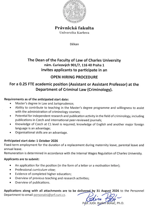 Charles University Faculty Recruitment 2026: Assistant / Assistant Professor in Criminology