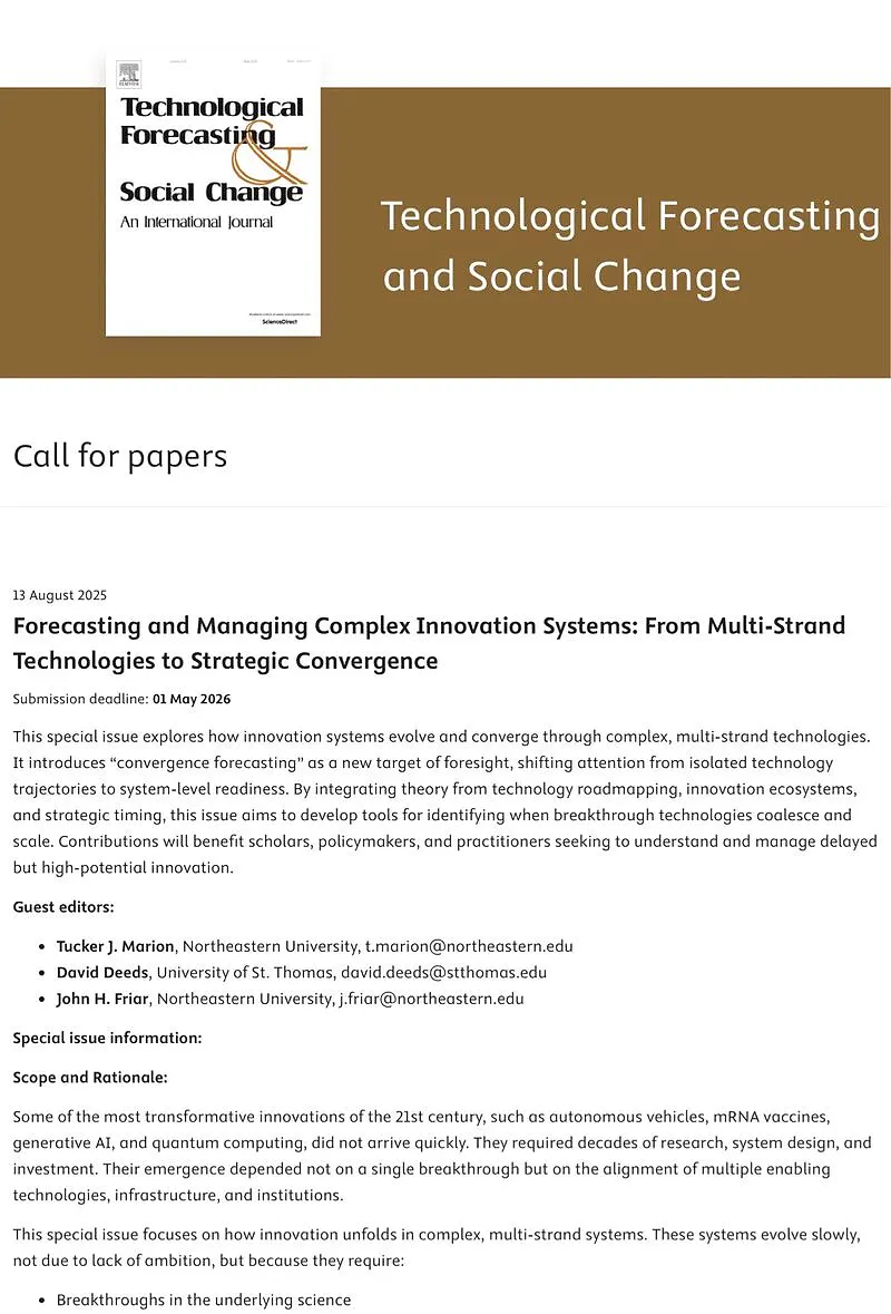 Technological Forecasting and Social Change Call for Papers 2026