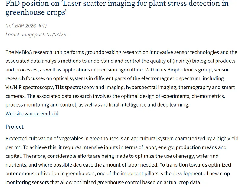KU Leuven Invites Applications for PhD Position on Laser Scatter Imaging for Plant Stress Detection