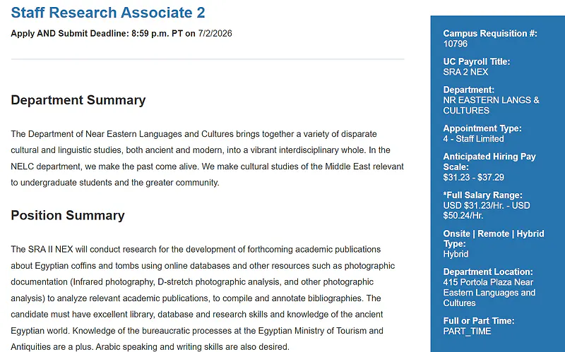 Staff Research Associate 2 Recruitment 2026 | Department of Near Eastern Languages & Cultures