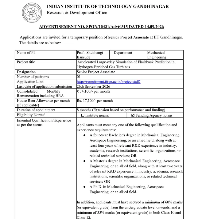 IIT Gandhinagar Senior Project Associate Recruitment 2026 – Mechanical Engineering Project