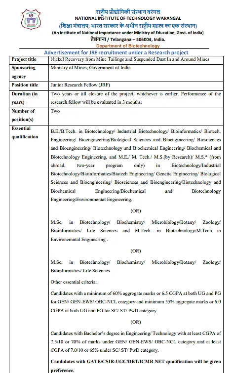 Junior Research Fellow (JRF) Recruitment 2026 at NIT Warangal – Ministry of Mines Sponsored Nickel Recovery Research Project