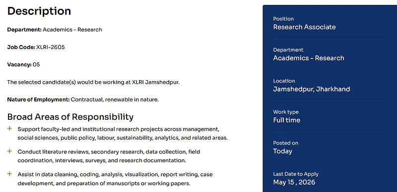 XLRI Jamshedpur Recruitment 2026 - Research Associate Vacancy
