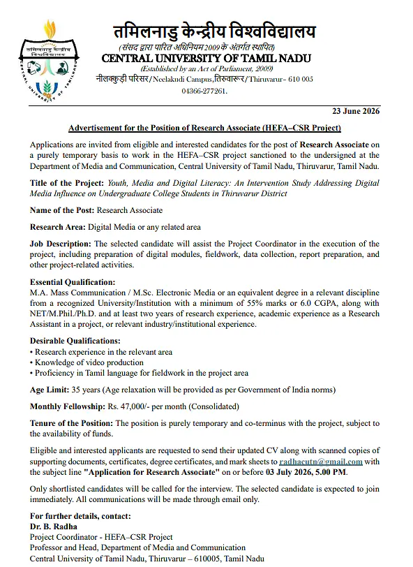 Central University of Tamil Nadu Recruitment 2026 | Research Associate under HEFA-CSR Project
