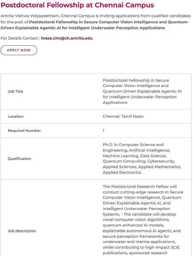 Amrita Vishwa Vidyapeetham Postdoctoral Fellowship 2026 in Secure Computer Vision and Agentic AI