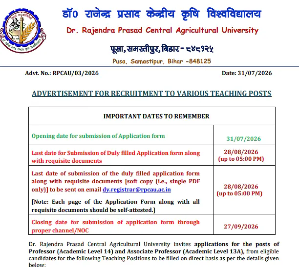Dr. Rajendra Prasad Central Agricultural University Faculty Recruitment 2026