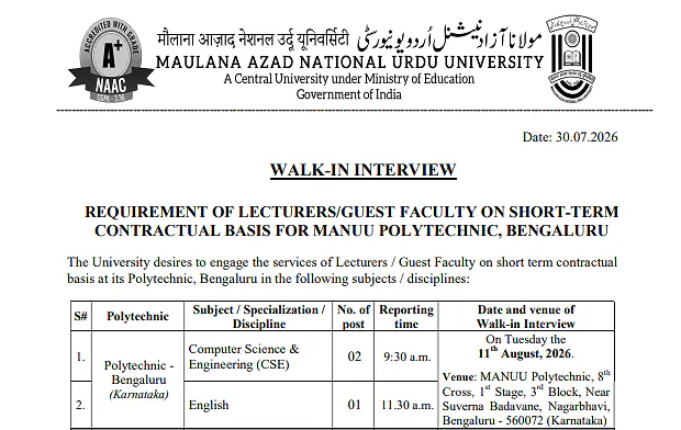 MANUU Walk-in Interview 2026 for Lecturer and Guest Faculty Positions
