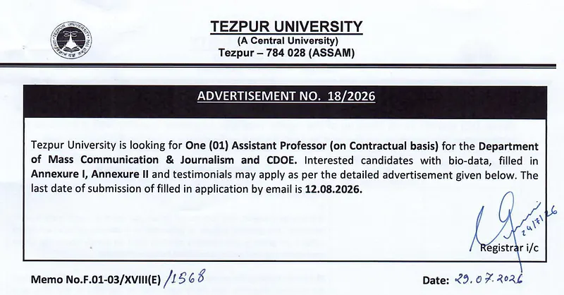 Tezpur University Assistant Professor Recruitment 2026