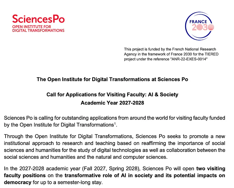 Visiting Faculty Opportunity: AI & Society – Sciences Po