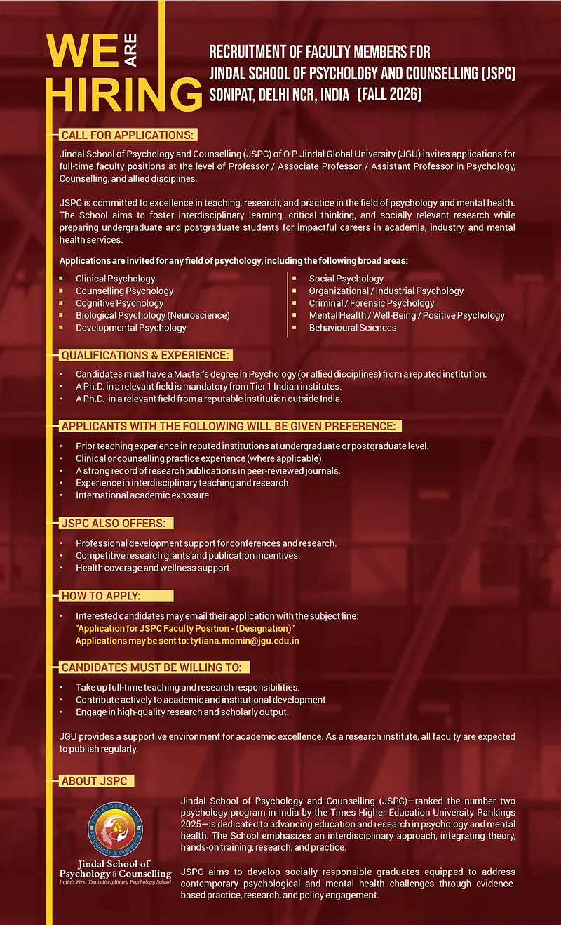 Faculty Recruitment 2026: Jindal School of Psychology and Counselling 