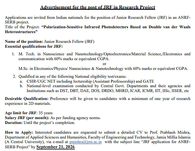 Jamia Millia Islamia Junior Research Fellow (JRF) Recruitment 2026 – ANRF-SERB Project