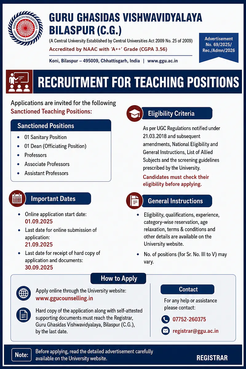 Finance Officer & Faculty Recruitment 2026 at Guru Ghasidas Vishwavidyalaya – Statutory and Teaching Positions