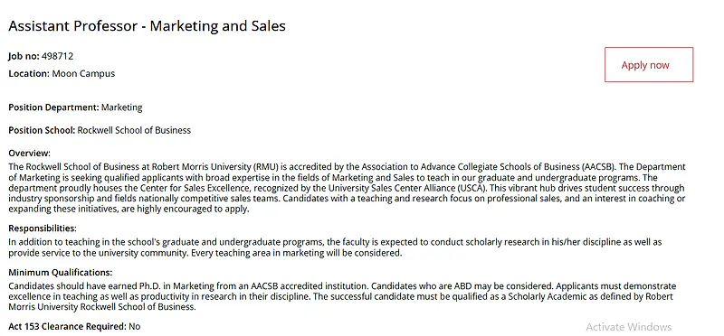 Assistant Professor – Marketing and Sales (Robert Morris University)