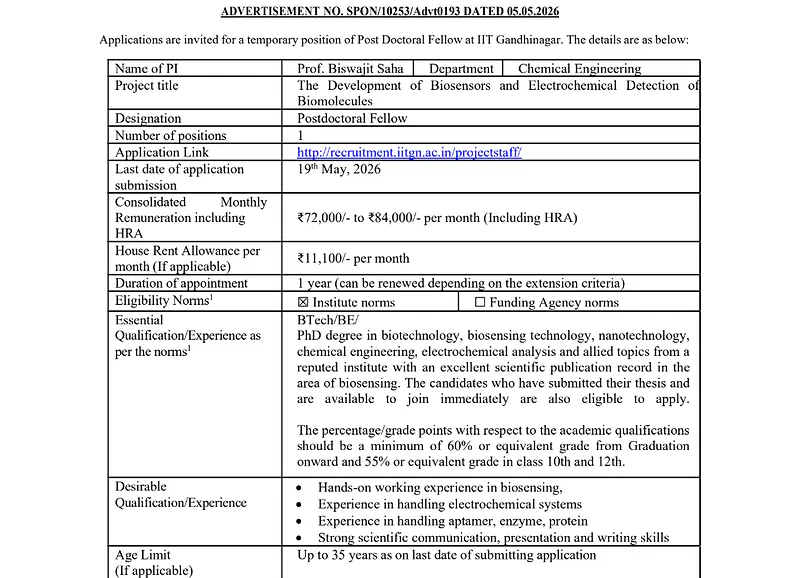 IIT Gandhinagar Postdoctoral Fellow Recruitment 2026  - Apply for Postdoctoral Fellow Position