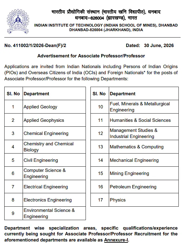 IIT (ISM) Dhanbad Faculty Recruitment 2026: Associate Professor & Professor Positions