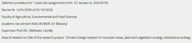 Postdoctoral Opportunity: Botany – Climate Change Research in Mountain Areas, Plant and Vegetation Ecology, Disturbance Ecology – Free University of Bozen-Bolzano