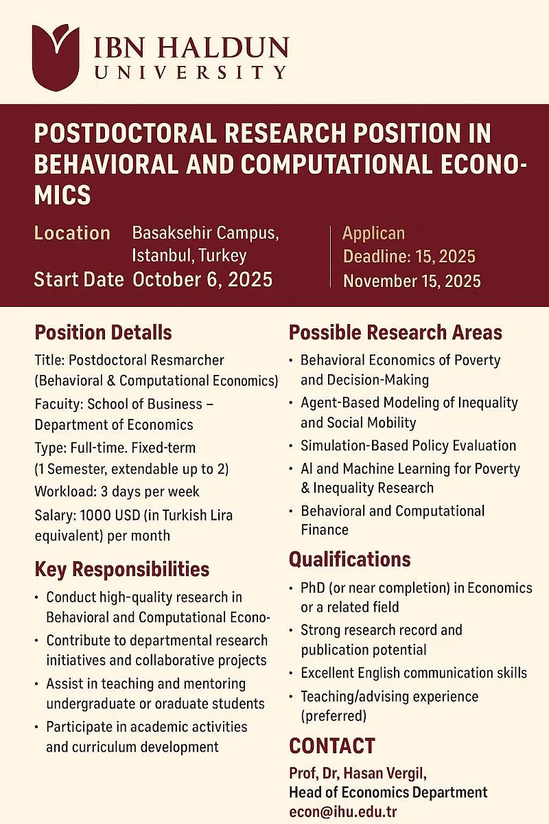 Postdoctoral Position – Behavioral & Computational Economics | Ibn Haldun University, Turkey