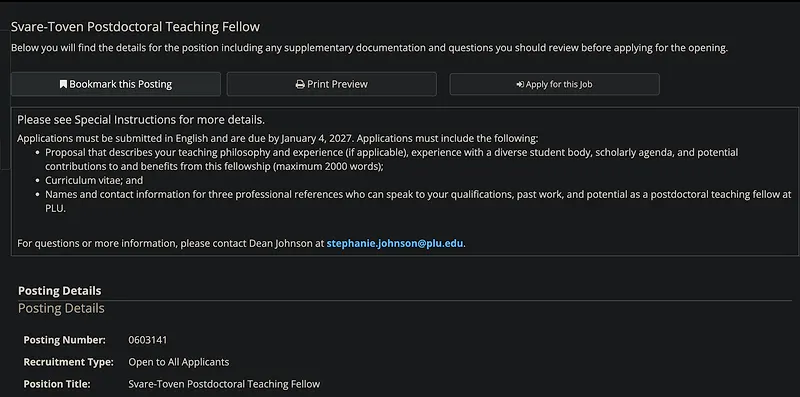 Postdoctoral Fellowship Opportunity: Svare-Toven Postdoctoral Teaching Fellow – Pacific Lutheran University