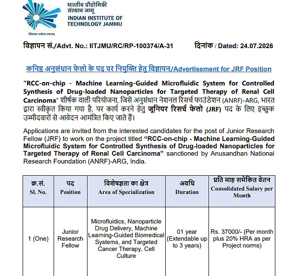 IIT Jammu Junior Research Fellow Recruitment 2026