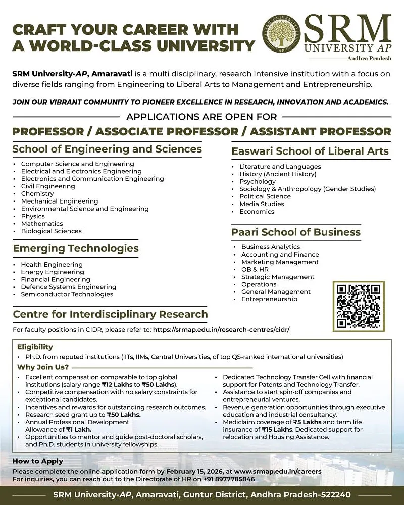 Faculty Recruitment 2026 at SRM University-AP, Amaravati