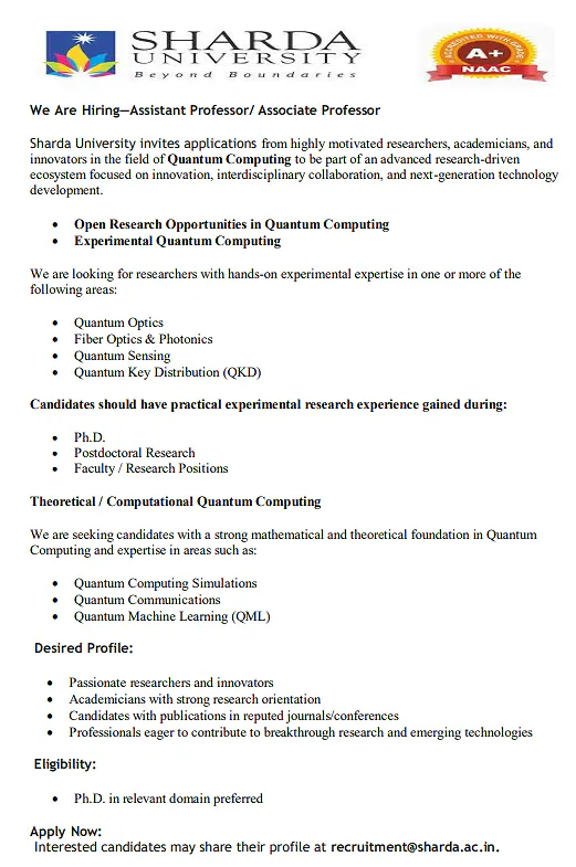 Sharda University Faculty Recruitment in Quantum Computing