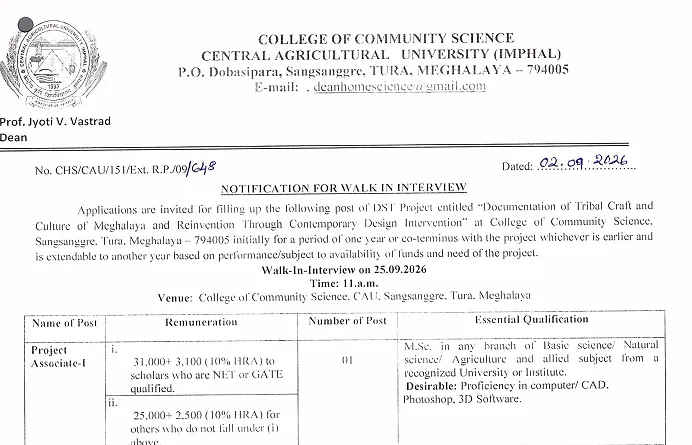 Project Associate-I Recruitment 2026 at Central Agricultural University – DST Projec