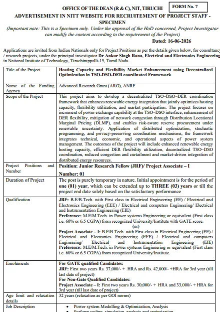 NIT Tiruchirappalli Recruitment 2026: JRF & Project Associate-I Positions |