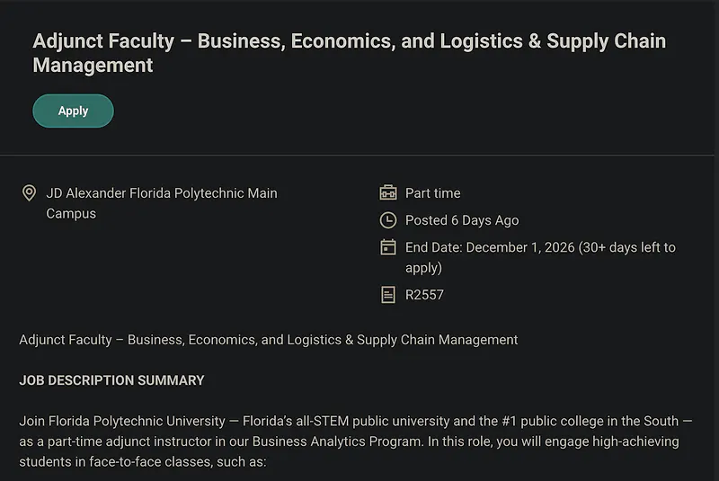 Faculty Opportunity: Adjunct Faculty – Business, Economics, and Logistics & Supply Chain Management – Florida Polytechnic University
