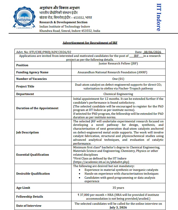 IIT Indore JRF Recruitment 2026 | ANRF-Funded Research Project in Chemical Engineering