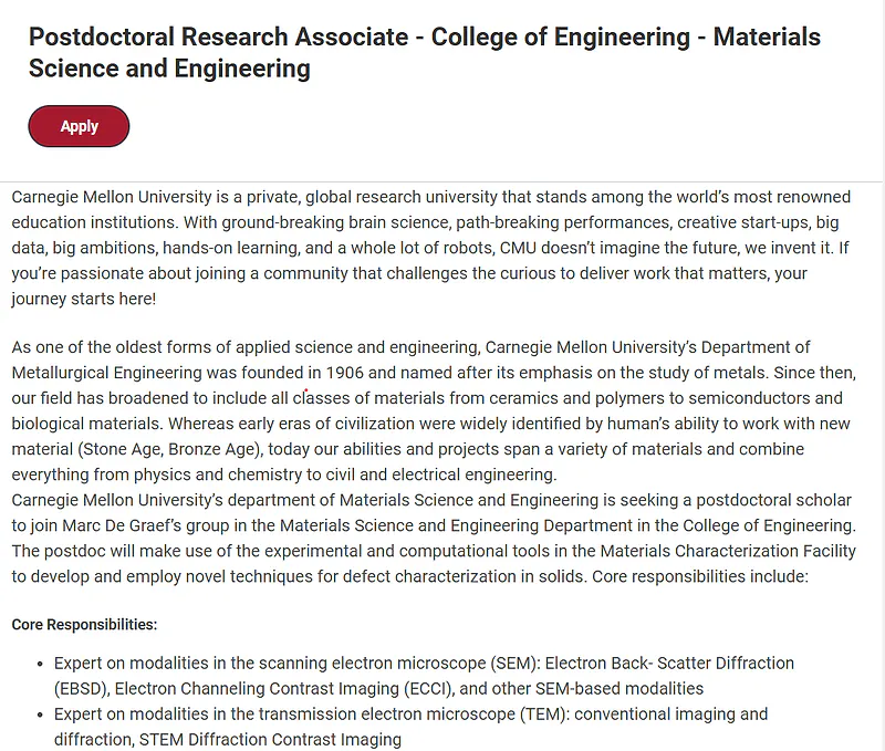 Carnegie Mellon University Postdoctoral Research Associate Position in Materials Science and Engineering