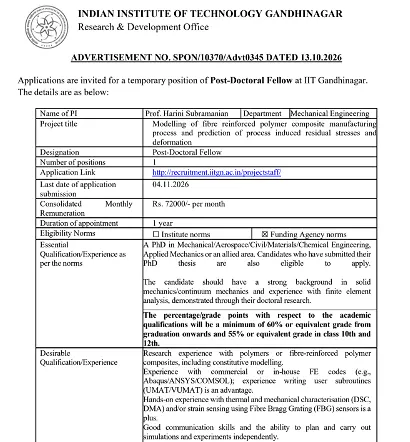 Postdoctoral Fellow Recruitment 2026 at IIT Gandhinagar – Mechanical Engineering
