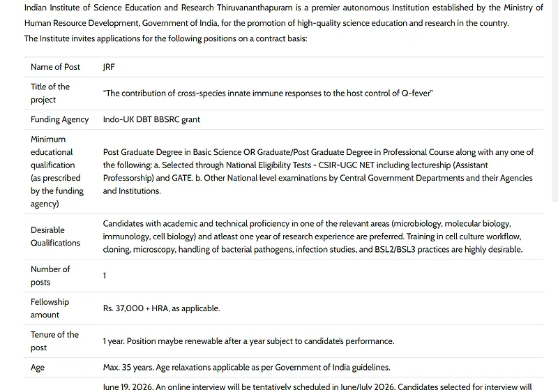 Junior Research Fellow (JRF) Recruitment 2026 at IISER Thiruvananthapuram